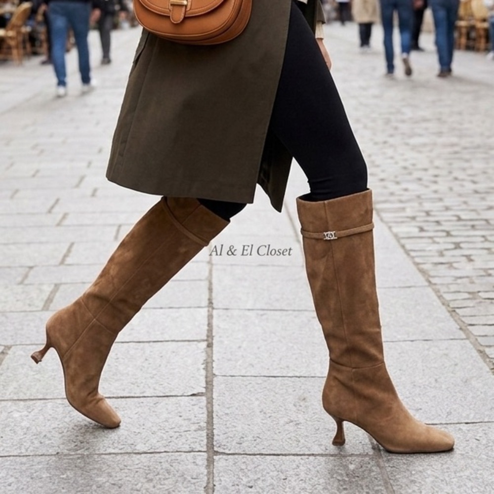 Sam Edelman Lyla Taupe Suede Knee High Boots Wide Calf Size 7.5 Kitten Heel NIB